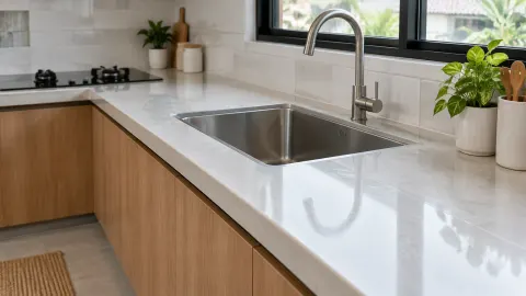 Bak cuci logam dan meja dapur berwarna terang