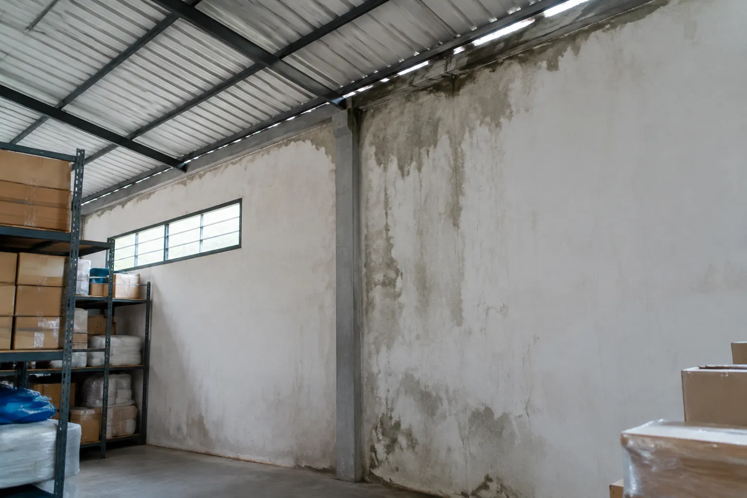 Noda lembap meluas pada dinding gudang di bawah atap