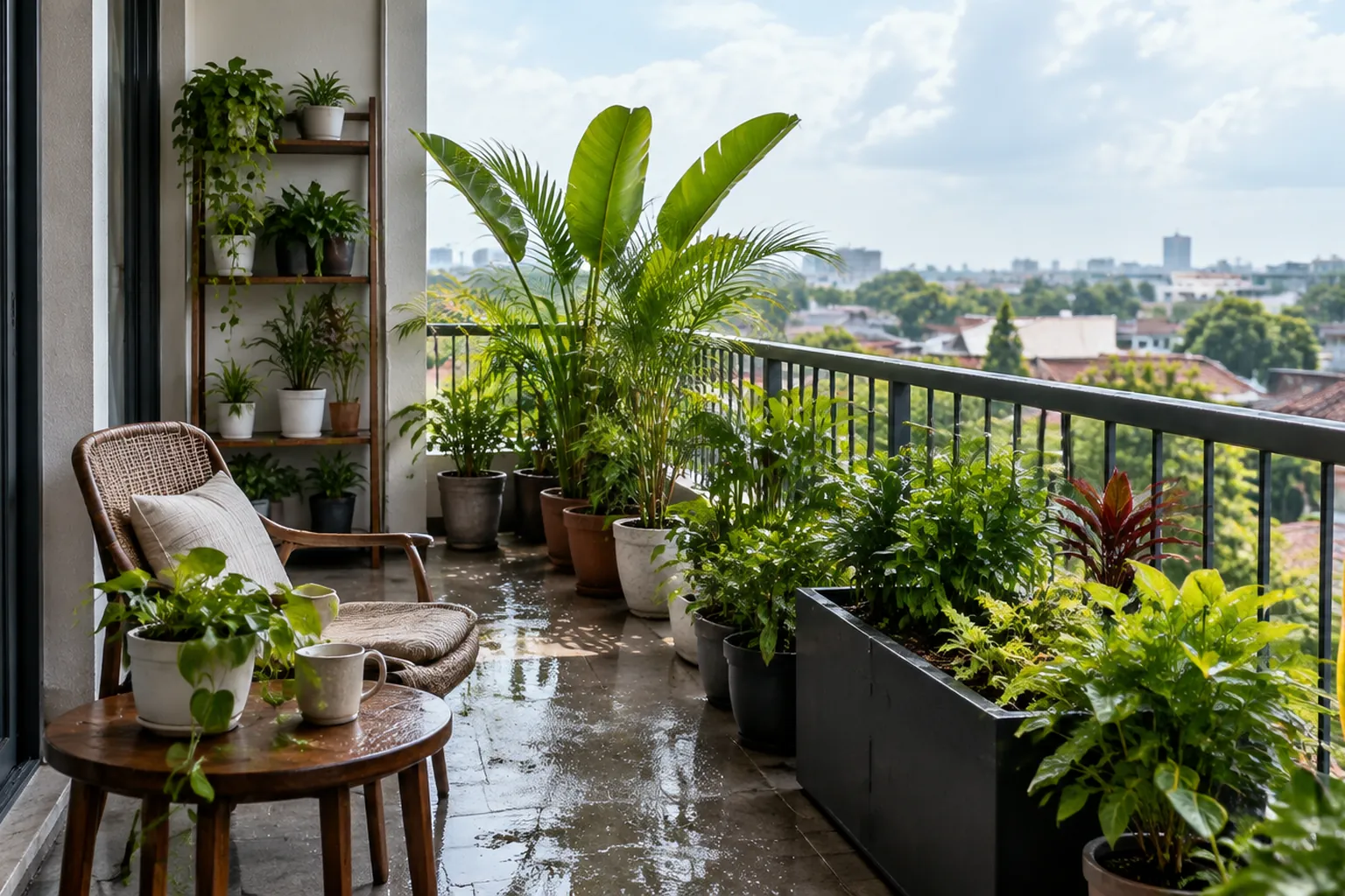 Tanaman dalam pot di balkon apartemen saat lantai basah