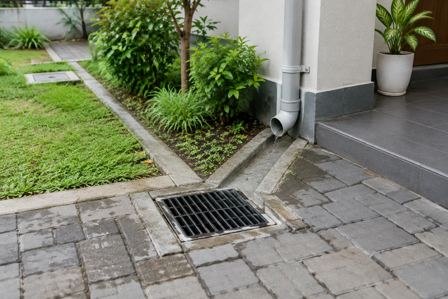 Pipa tegak dan dua inlet drainase terlihat di tepi rumah
