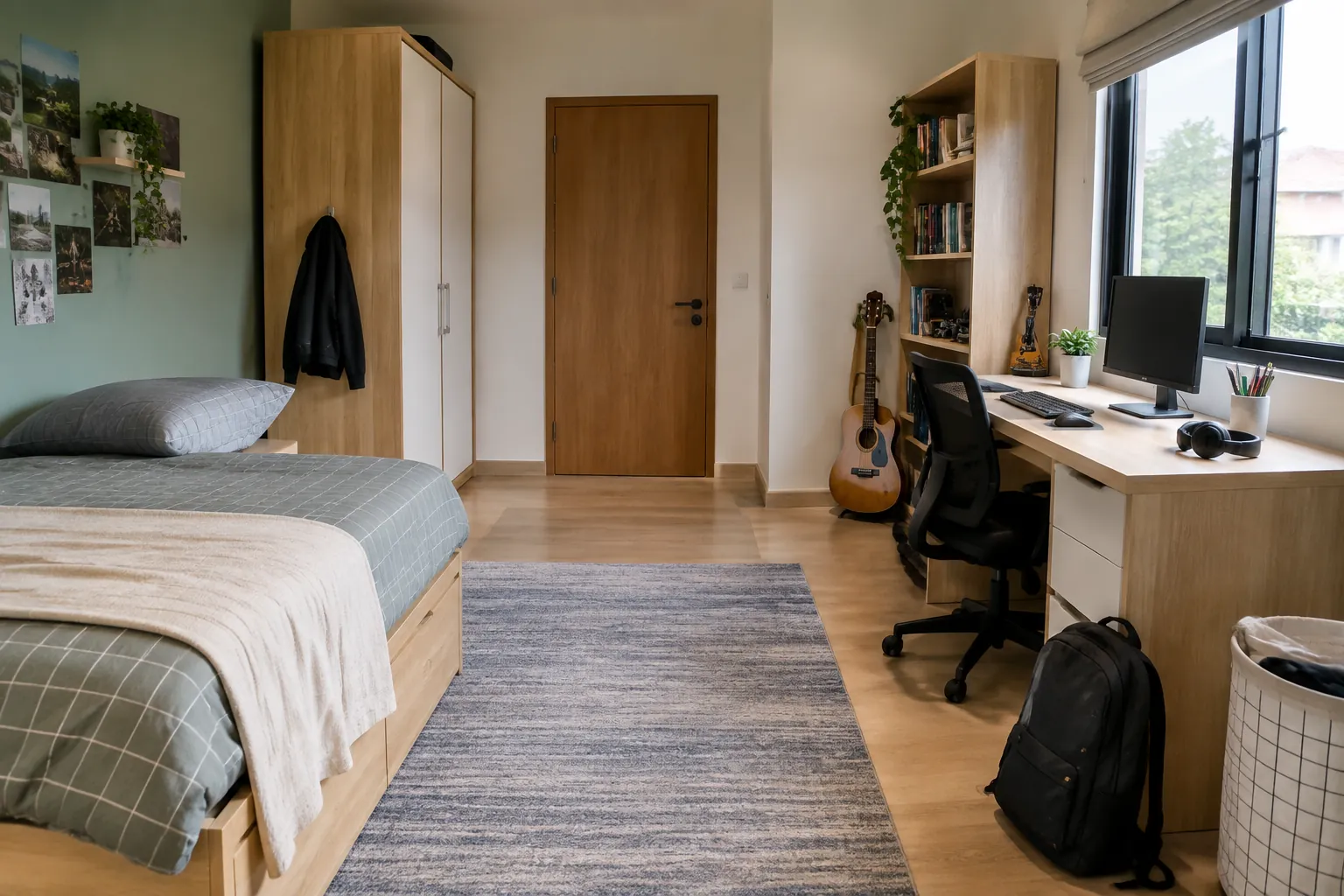 Ruang di antara tempat tidur, meja dan pintu membentuk jalur kamar
