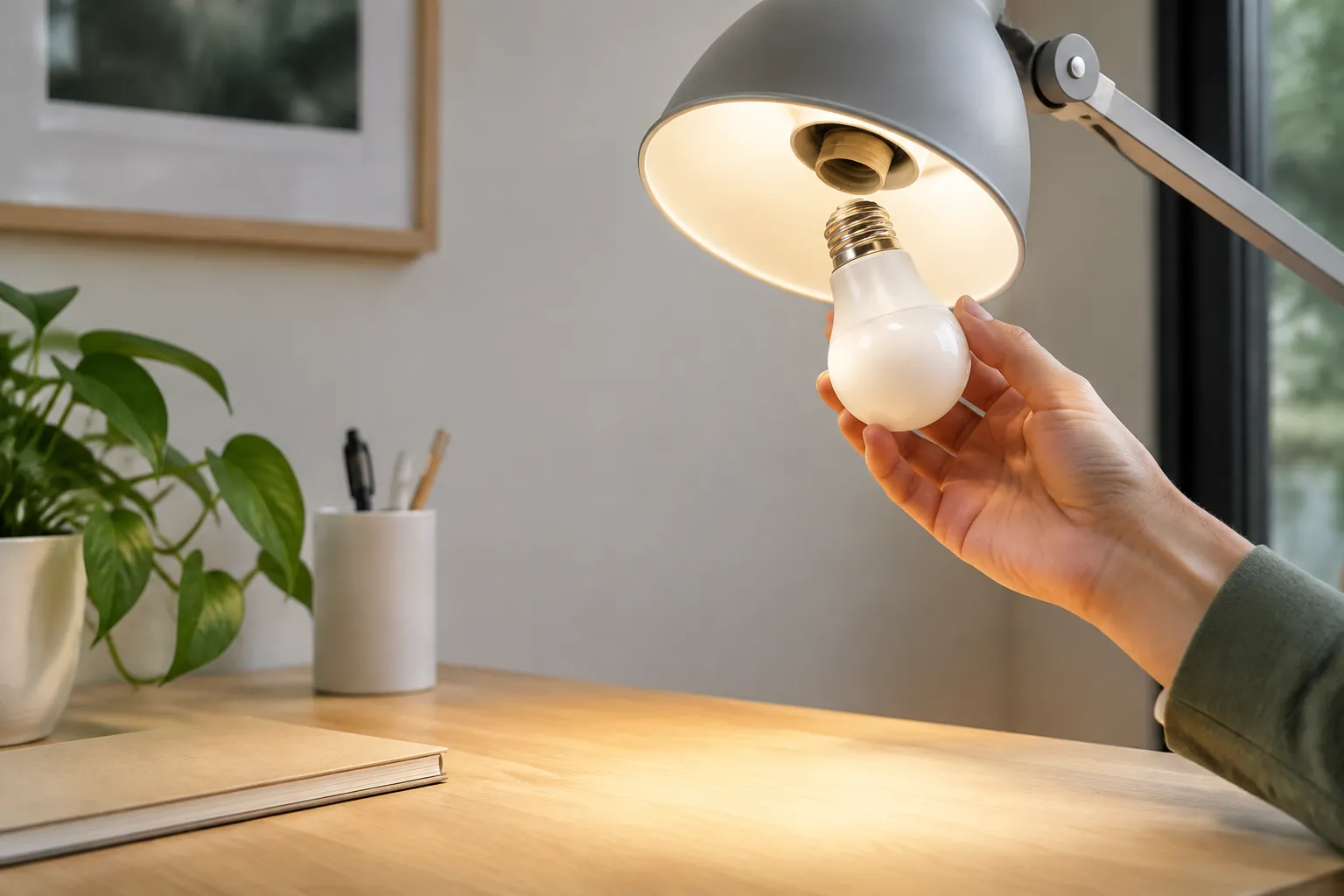 Bola lampu diperiksa di dekat lampu meja