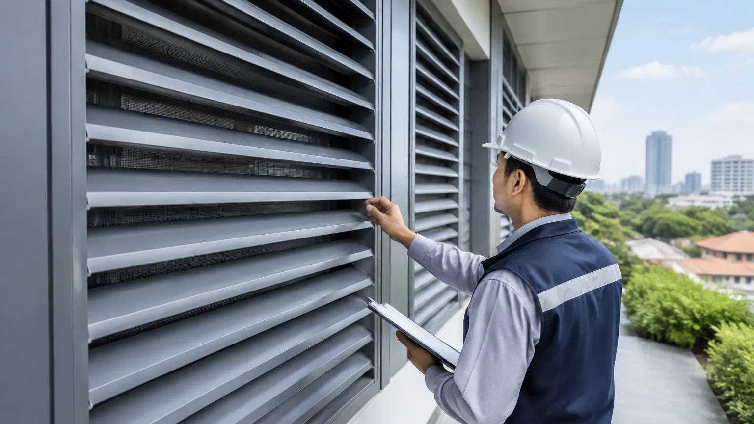Seseorang memeriksa kisi ventilasi pada fasad