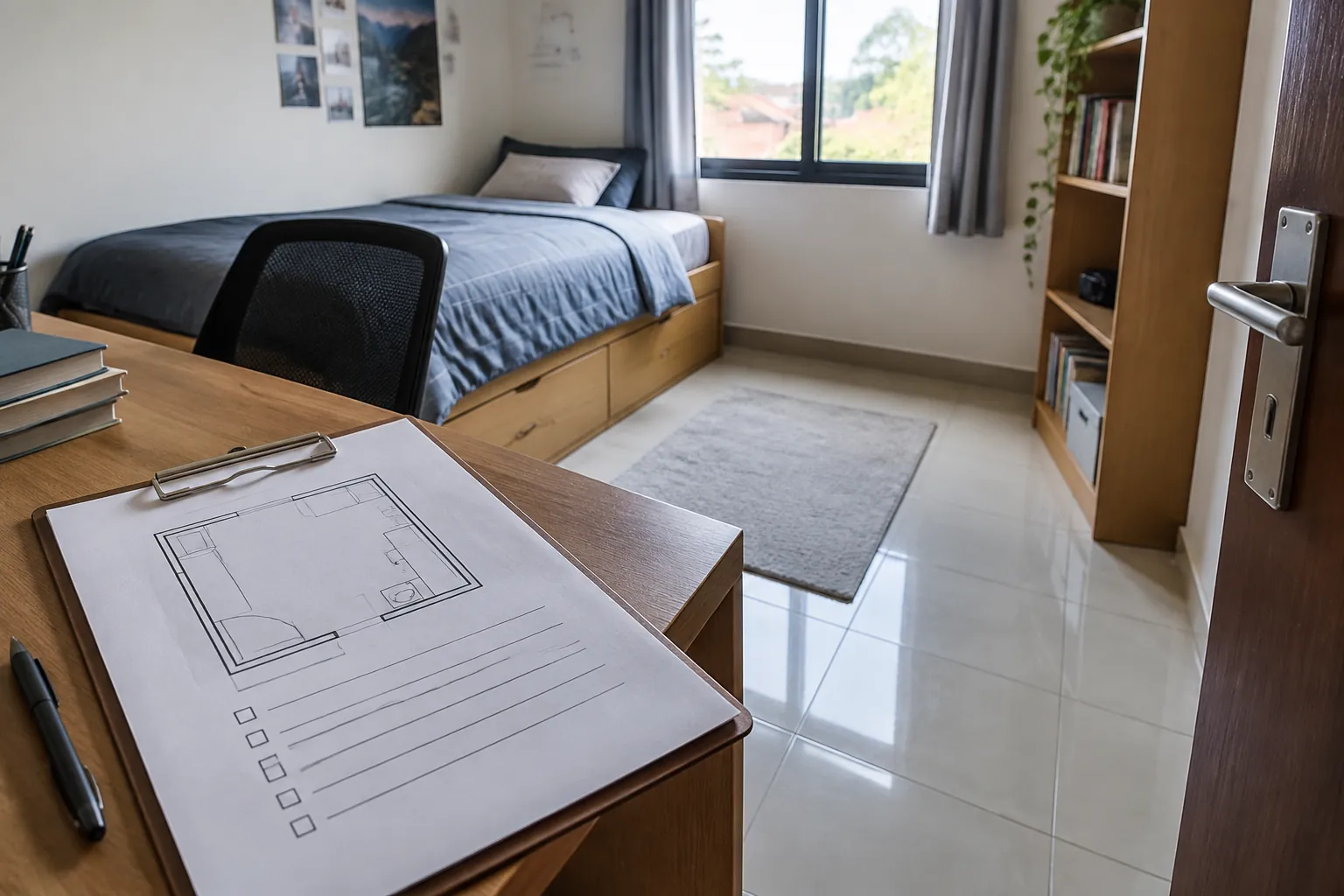 Kamar remaja dengan denah sederhana di atas meja