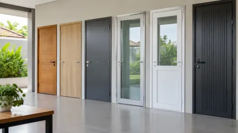 Beberapa contoh pintu kayu, kaca, dan logam