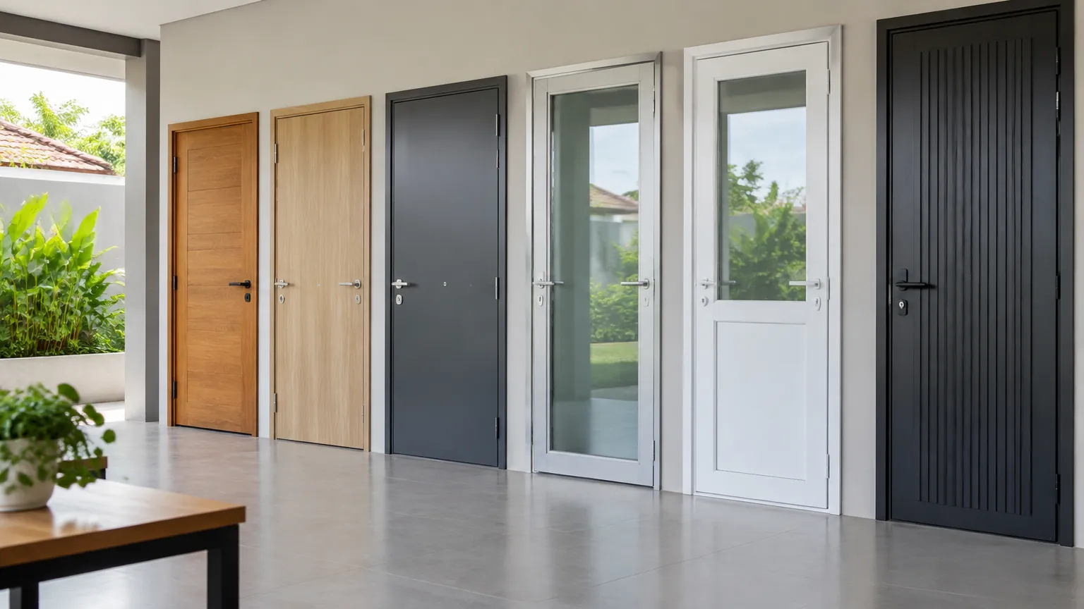 Beberapa contoh pintu kayu, kaca, dan logam