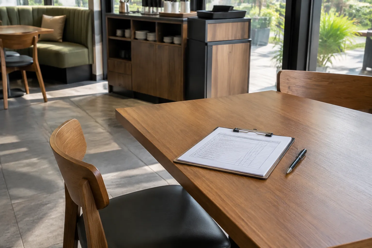 Meja kafe dan daftar pemeriksaan furnitur di atasnya