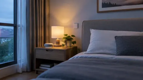 Kamar tidur dengan lampu di meja samping ranjang