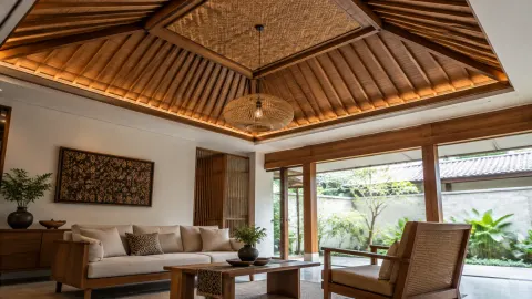 Ruang keluarga dengan plafon kayu berstruktur tradisional