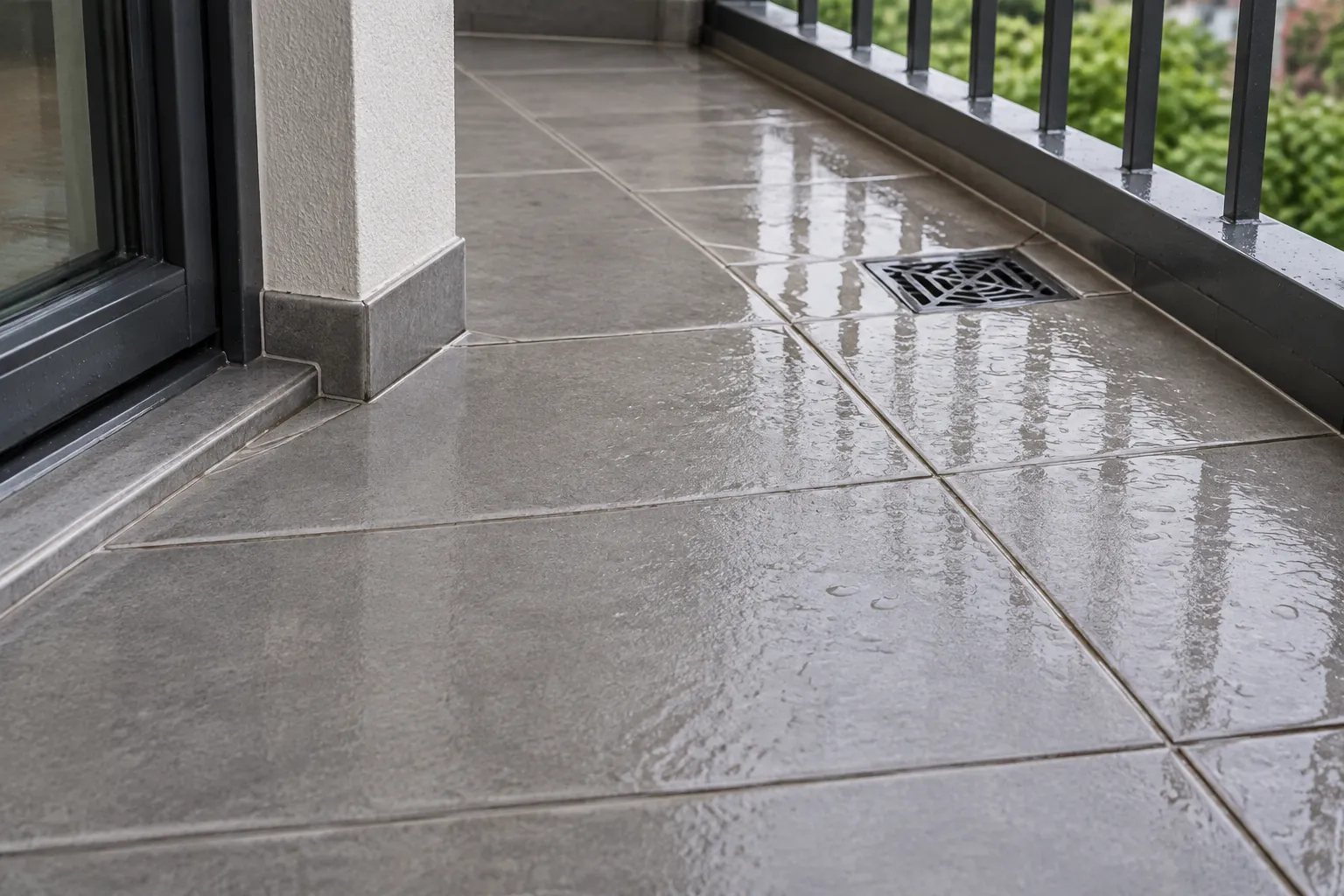 Lantai balkon basah dengan saluran berjeruji