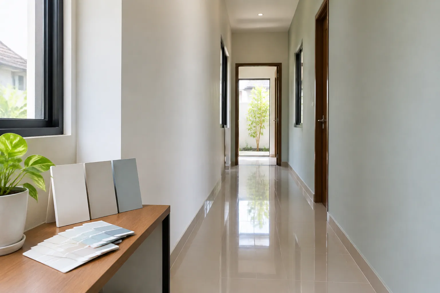 Lorong rumah terang dengan dinding putih dan jendela di ujungnya