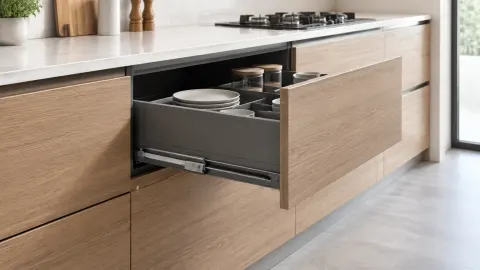 Laci kitchen set kayu dengan mekanisme penutup lembut