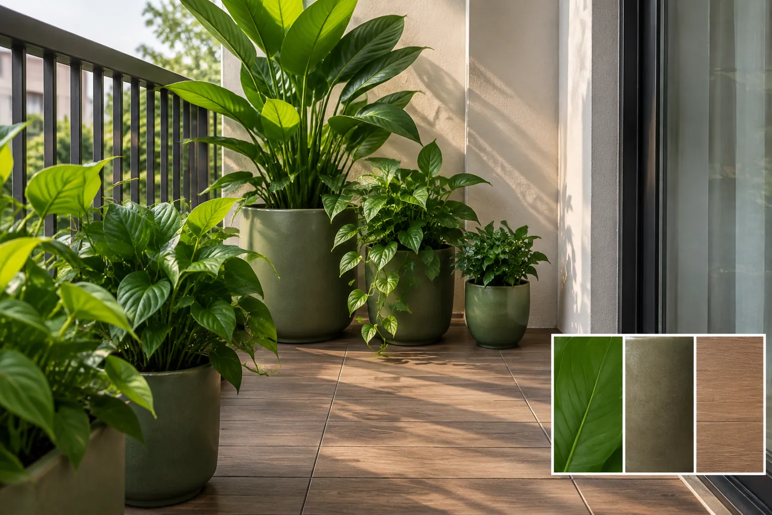 Kelompok tanaman pot di sudut balkon dengan contoh palet warna