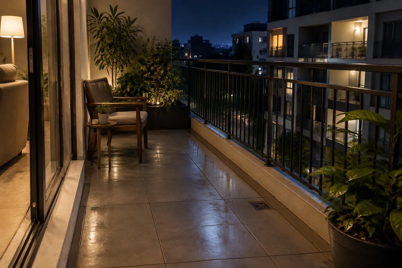 Cahaya lampu dinding jatuh pada lantai balkon malam hari