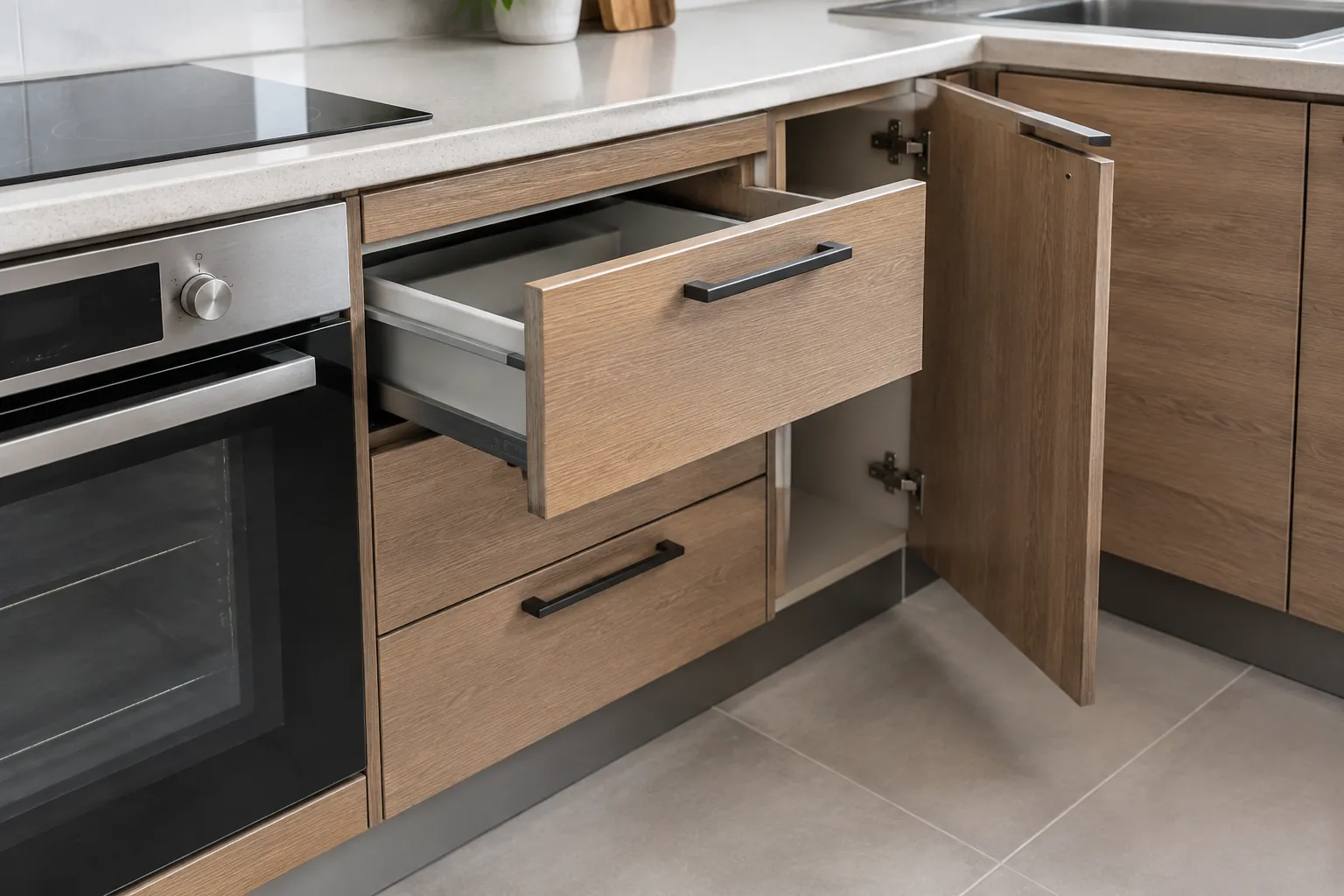 Laci dan pintu kitchen set dibuka untuk pemeriksaan