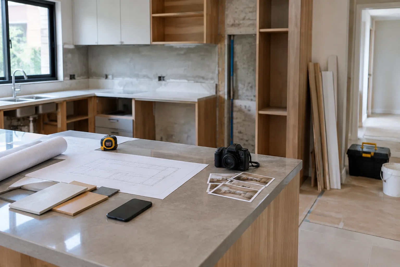 Dapur renovasi dengan kabinet belum selesai dan contoh permukaan kerja
