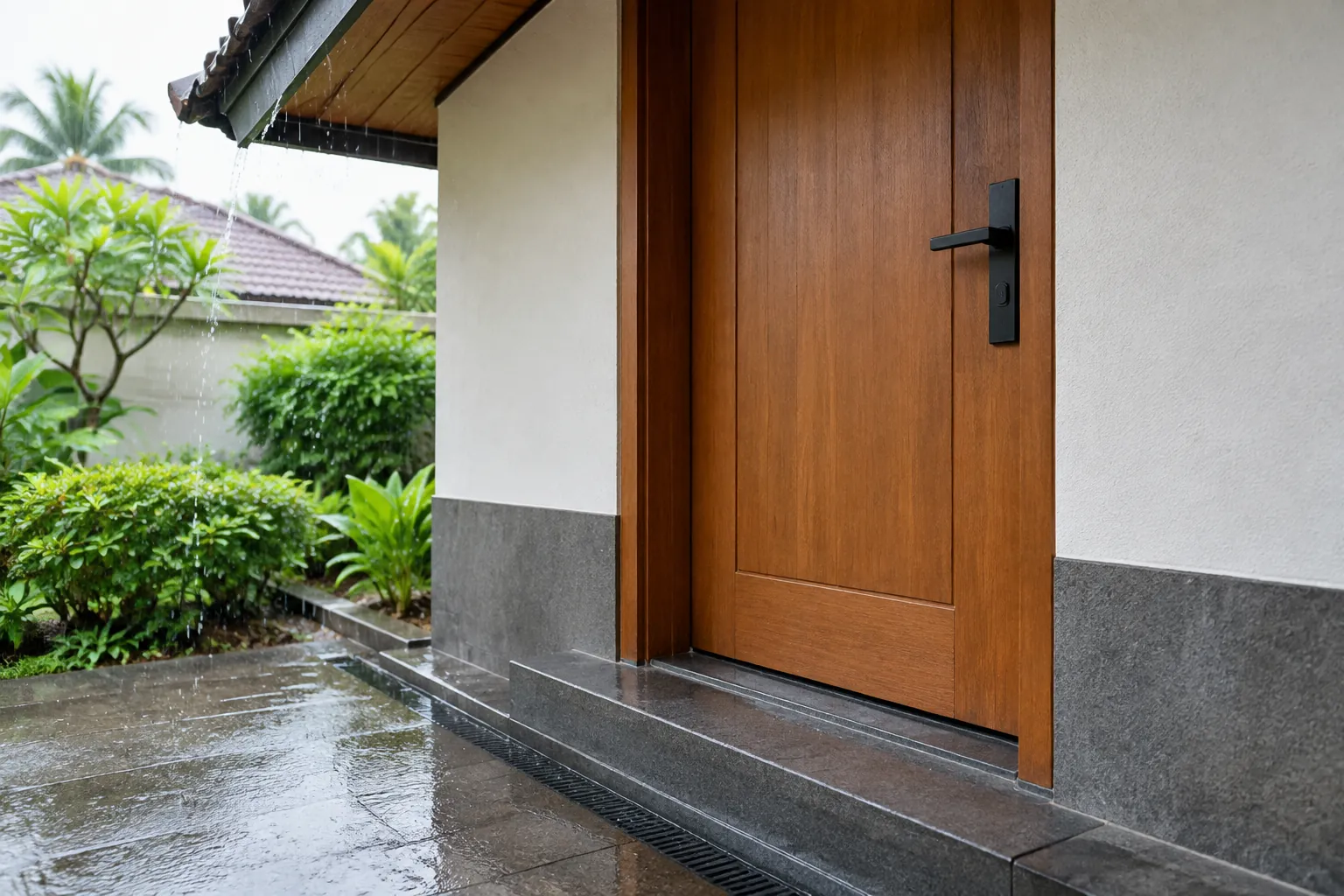 Pintu kayu luar dengan ambang di atas lantai basah