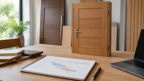 Contoh pintu kayu dan dokumen kerja di atas meja