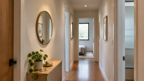 Lorong rumah terang dengan cermin bundar di dinding