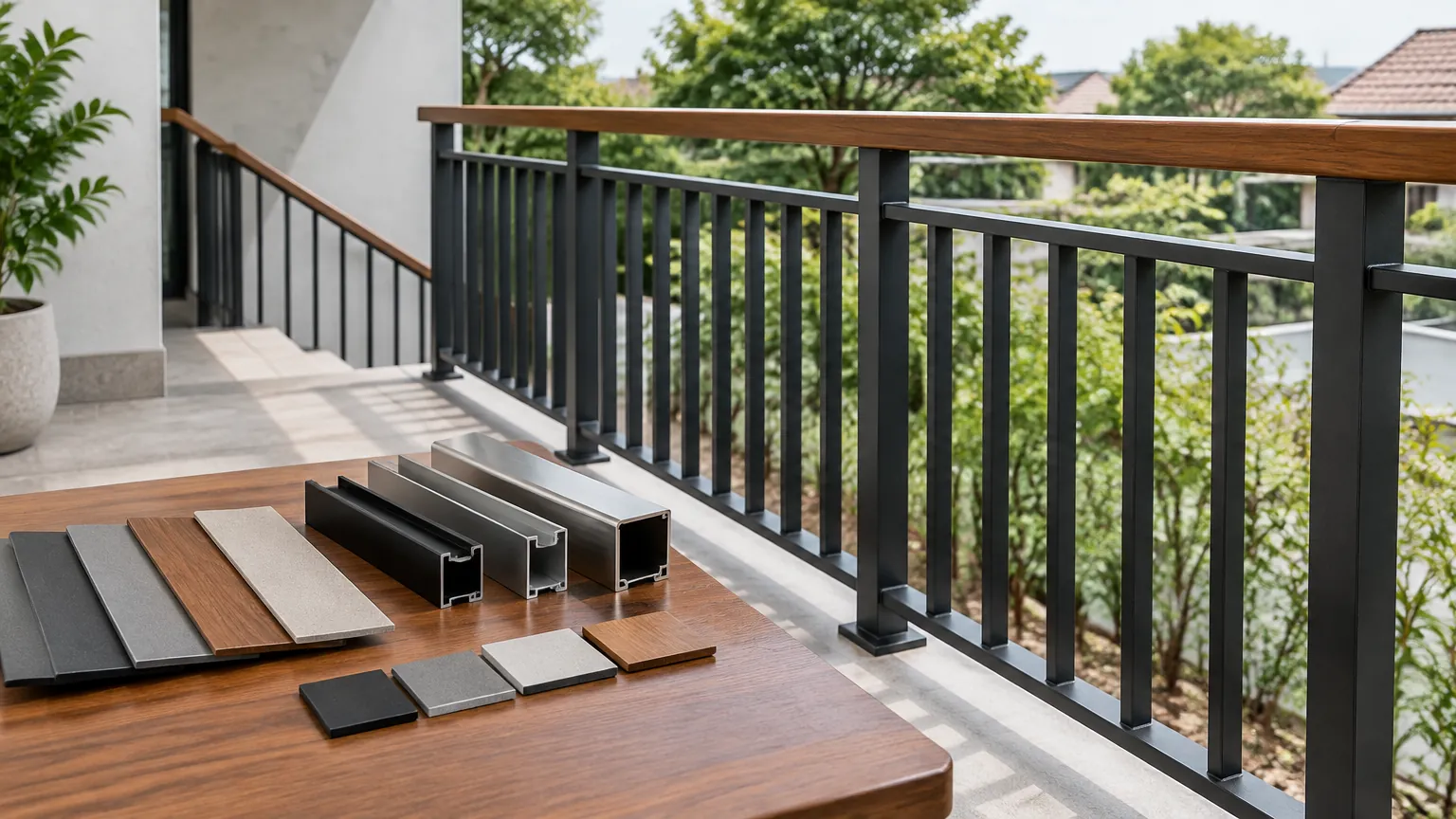 Contoh bahan railing disusun di depan pagar balkon logam