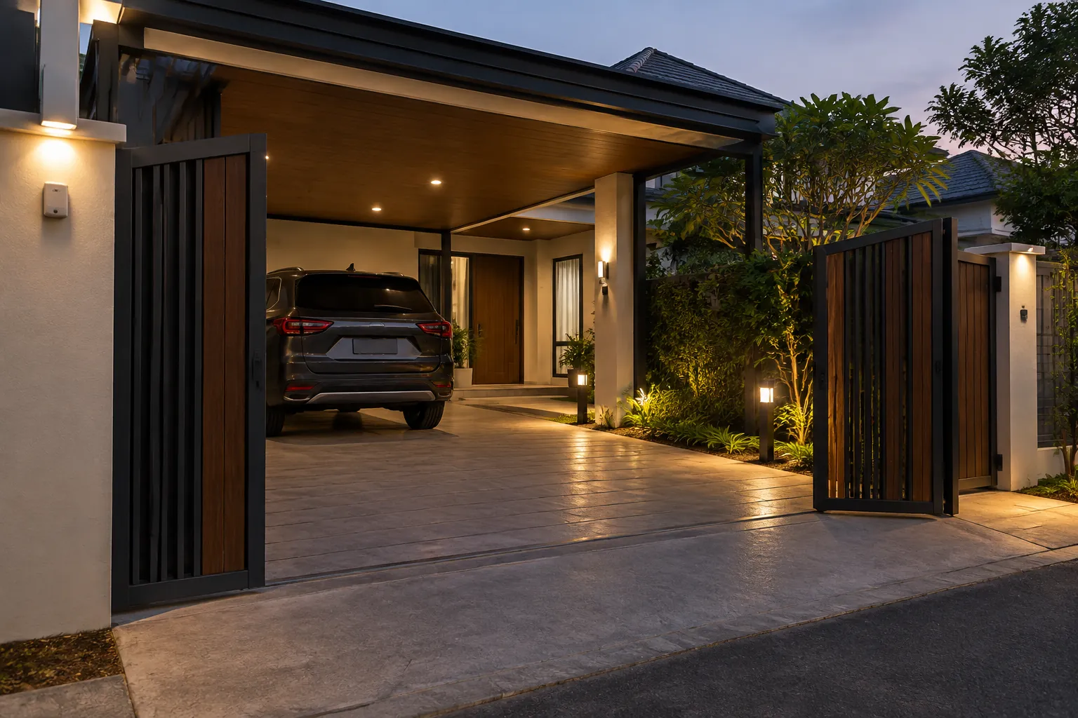 Carport yang menyala pada malam hari.