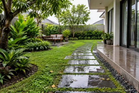 Jalur taman basah di samping dinding rumah