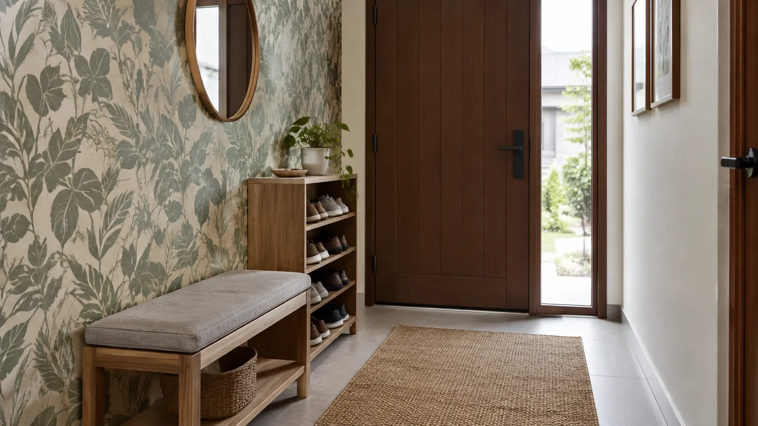 Foyer dengan wallpaper motif daun dekat pintu masuk