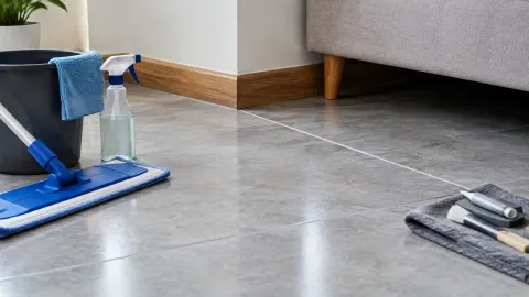 Peralatan pembersih lantai di dekat sofa