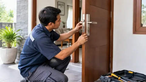 Pekerja memperbaiki gagang pintu kayu di teras