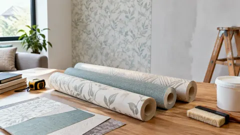 Gulungan wallpaper, sampel motif, dan alat ukur di meja