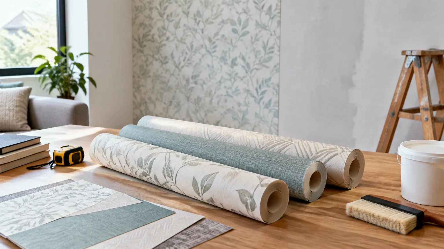 Gulungan wallpaper, sampel motif, dan alat ukur di meja