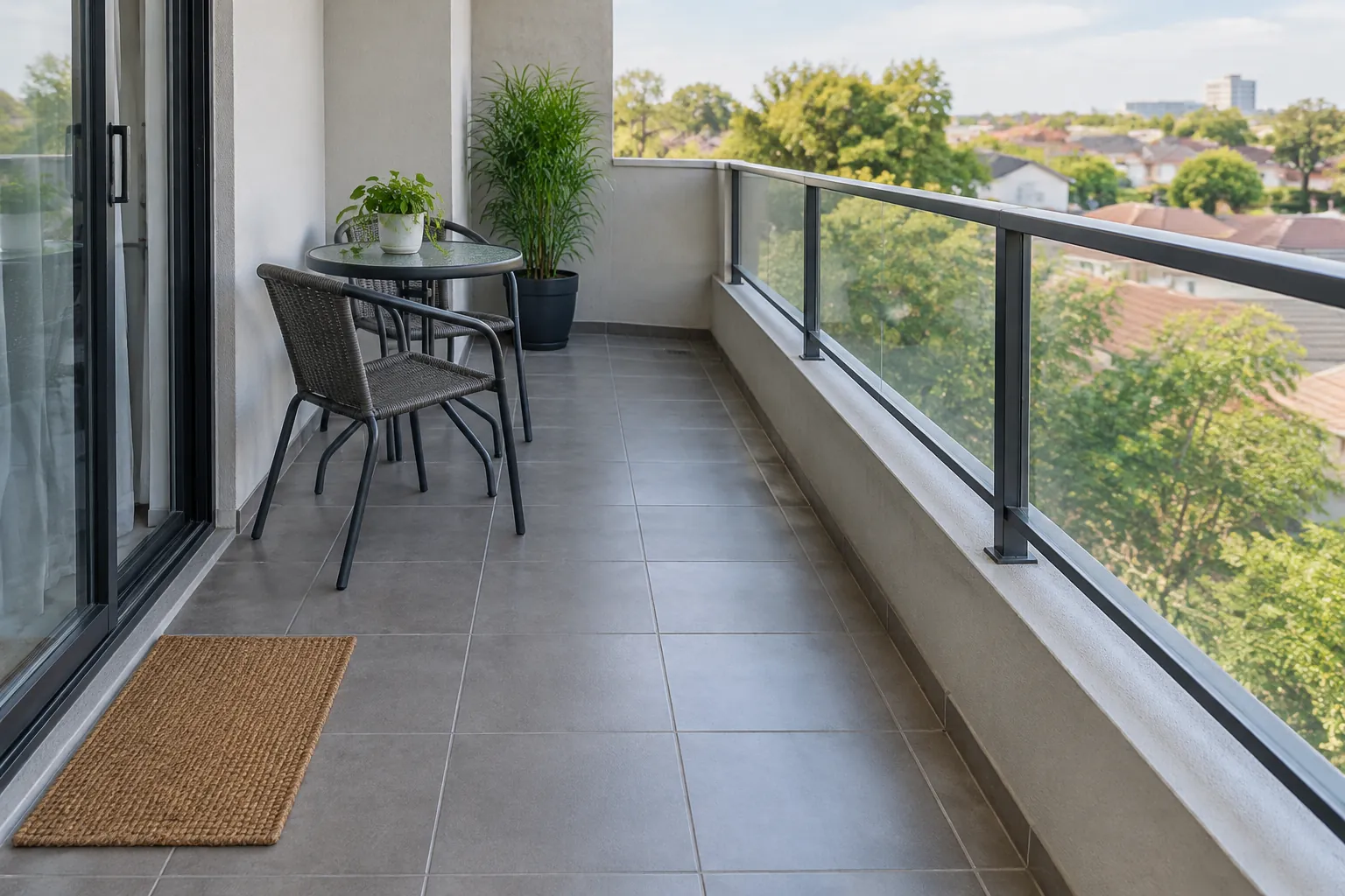 Balkon dengan pagar kaca dan ruang berjalan luas