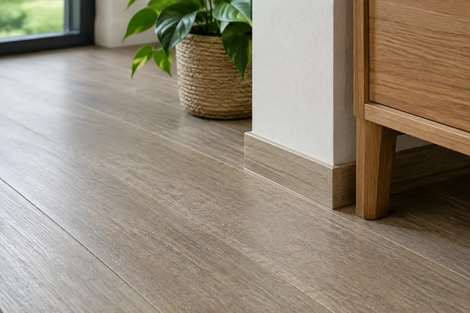 Lantai kayu di dekat dinding dan furnitur