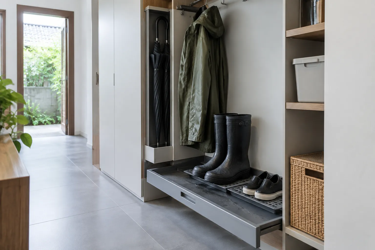 Kabinet lorong terbuka berisi sepatu, mantel, dan keranjang