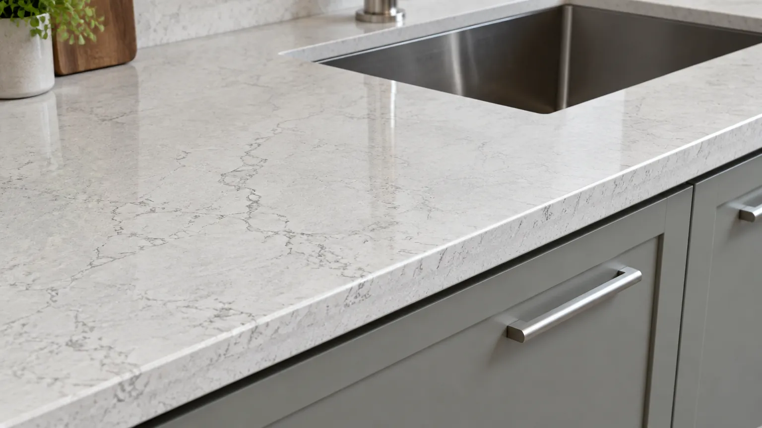Permukaan countertop terang dengan bak cuci dapur