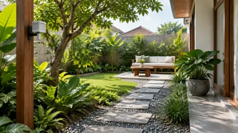 Taman rumah dengan jalur pijakan, tanaman, dan area duduk