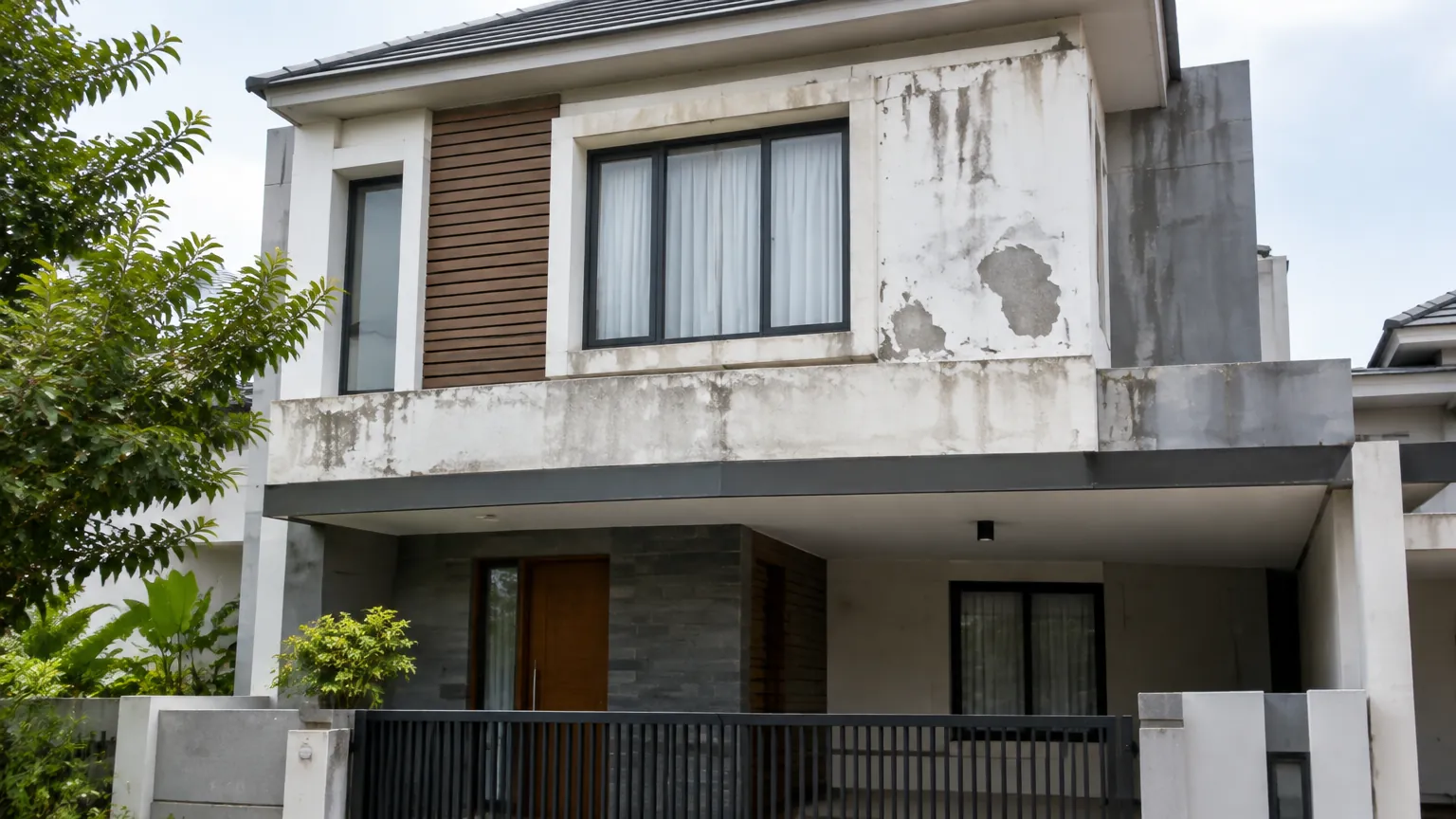 Fasad rumah dua lantai dengan cat dan plester yang rusak