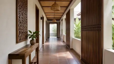 Lorong rumah panjang dengan lantai ubin, bukaan samping, dan dekorasi dinding