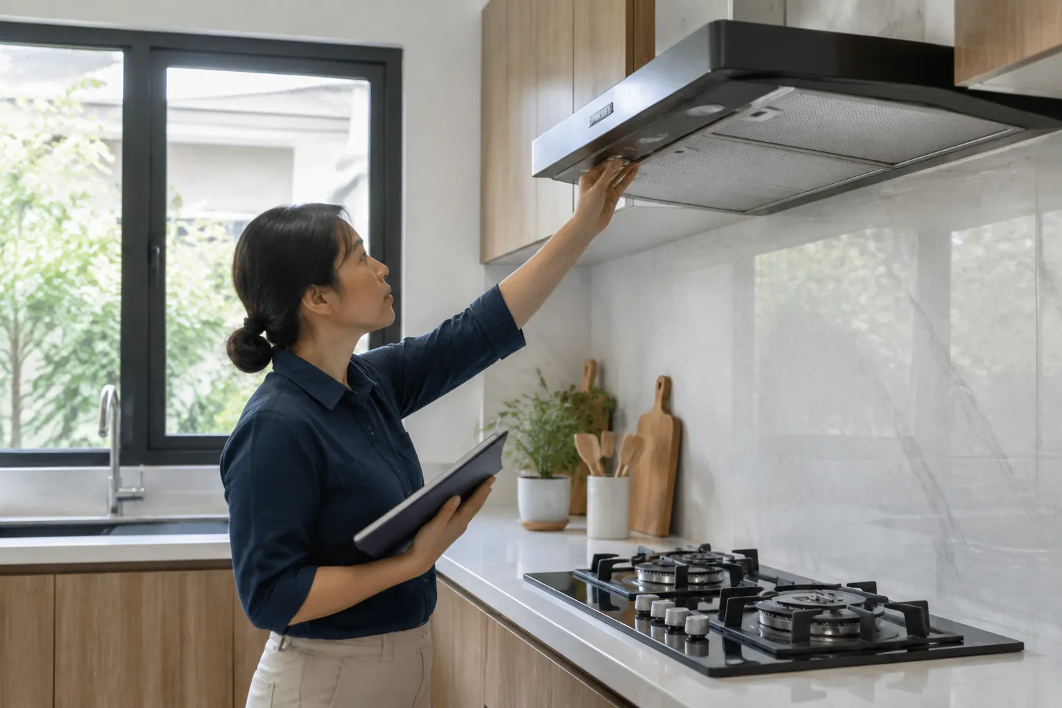 Orang menyentuh kap dapur.