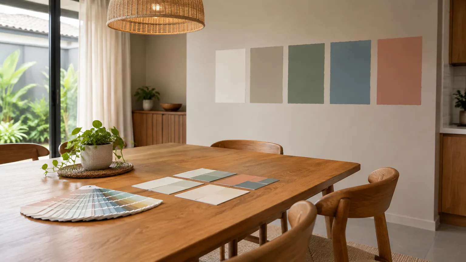 Contoh warna dinding di belakang meja makan kayu