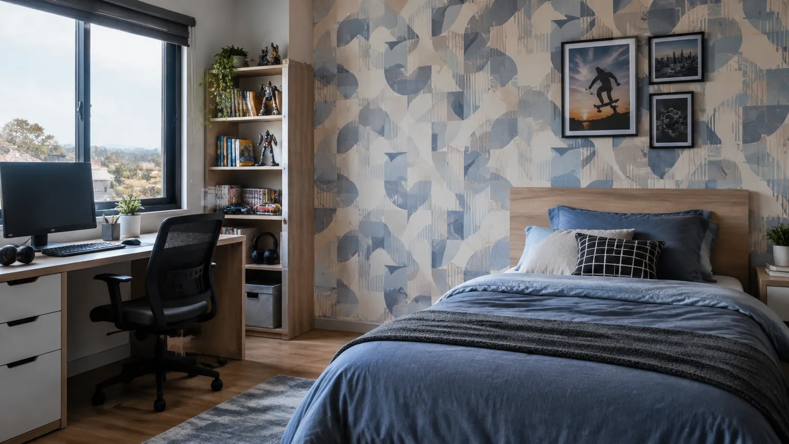 Kamar remaja dengan wallpaper geometris di belakang tempat tidur