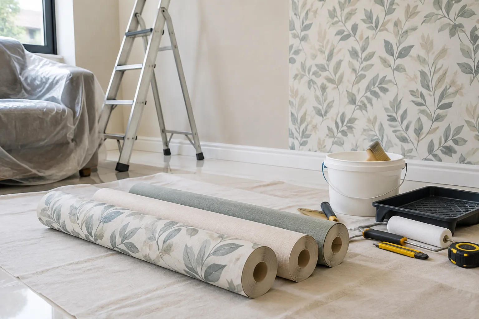 Wallpaper motif daun dalam proses pemasangan di dinding