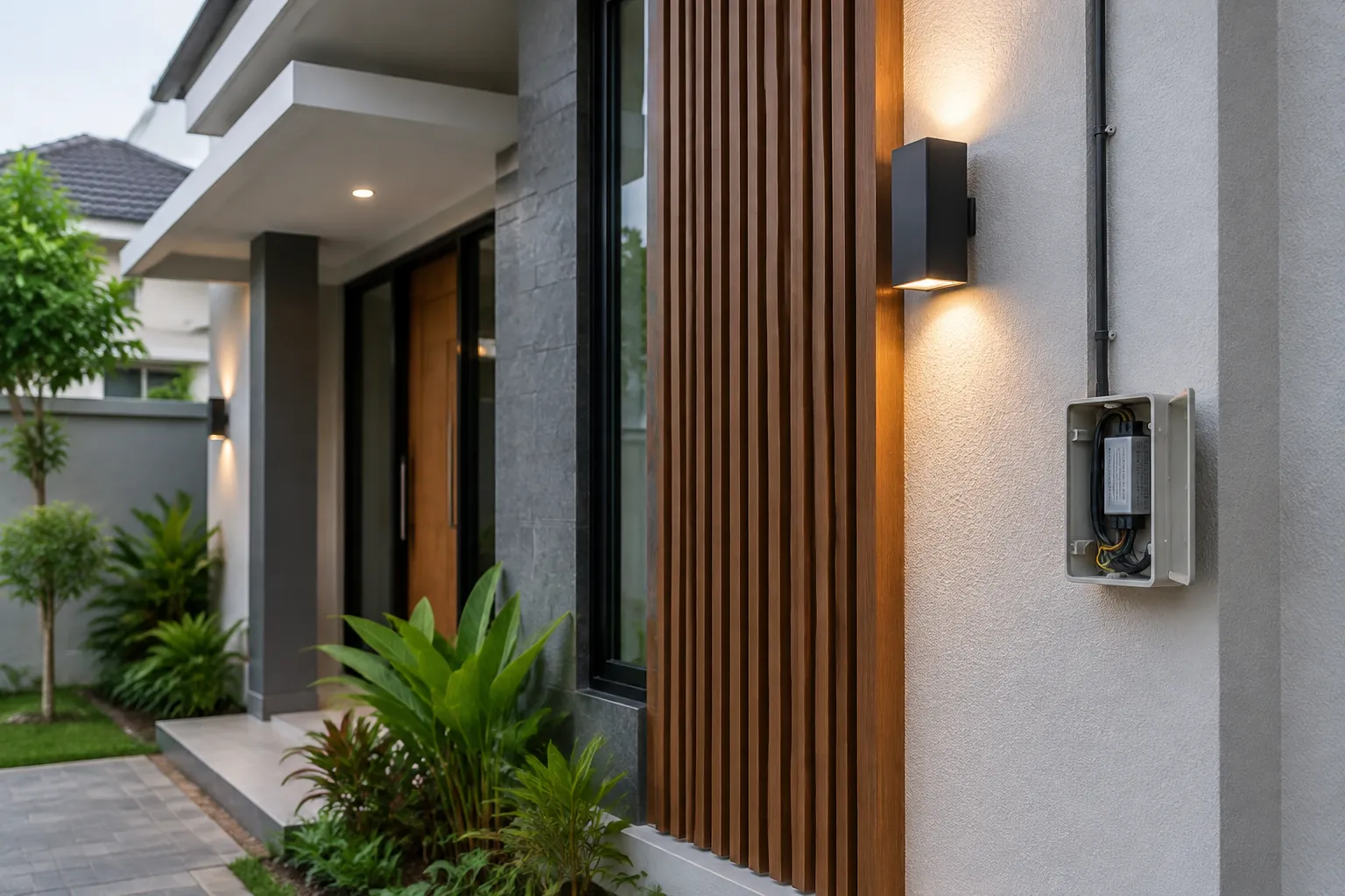 Lampu dinding dan bilah kayu pada fasad rumah