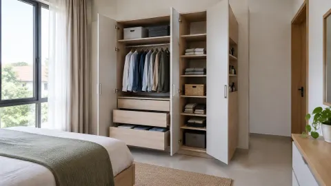 Lemari pakaian besar dengan rak dan laci di kamar tidur