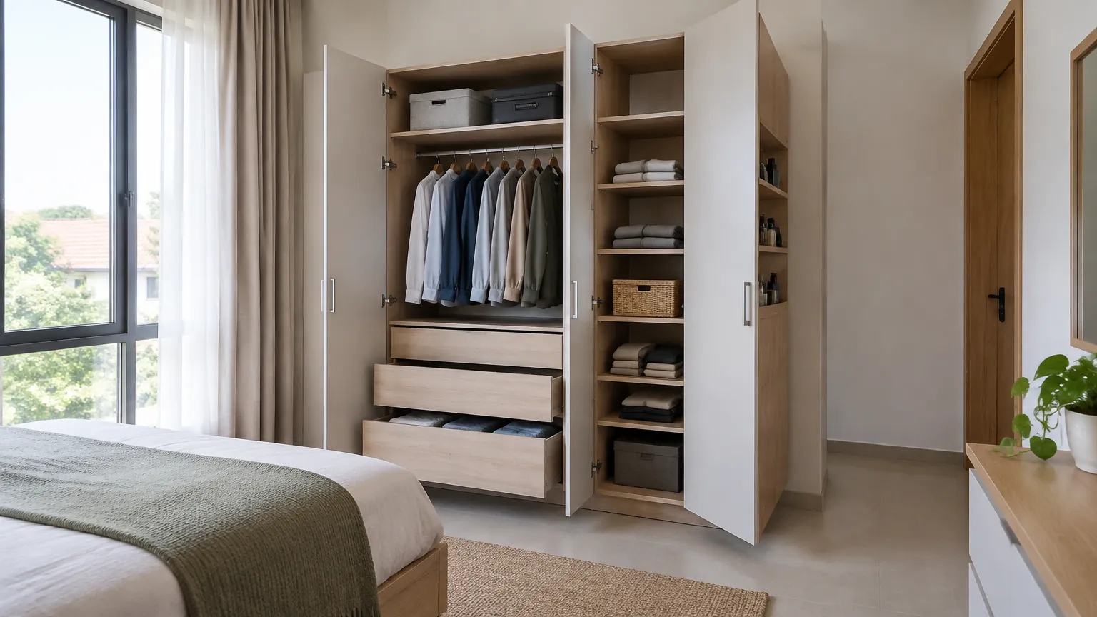 Lemari pakaian besar dengan rak dan laci di kamar tidur