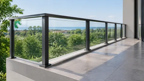 Railing kaca pada tepi balkon terbuka