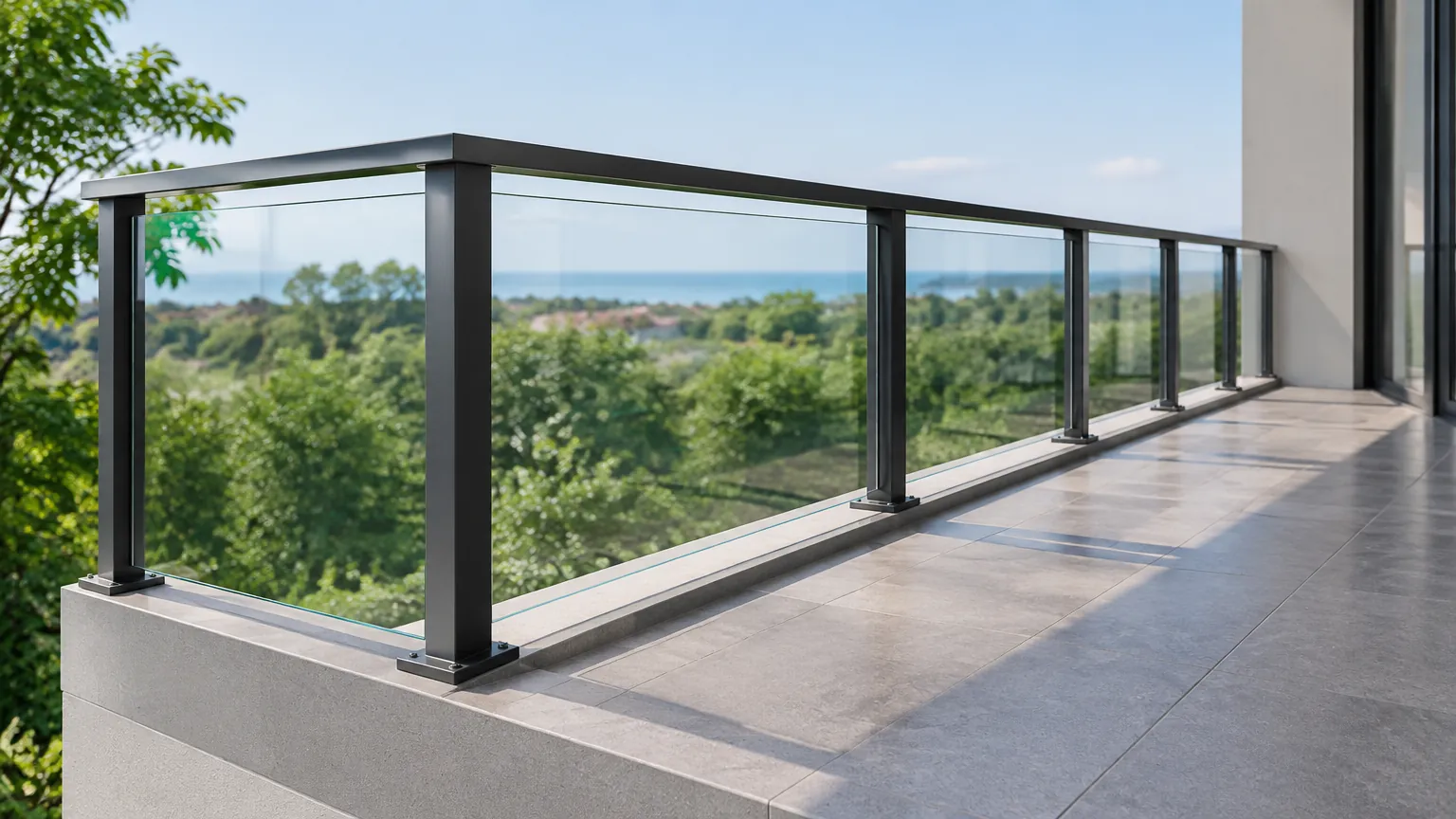 Railing kaca pada tepi balkon terbuka