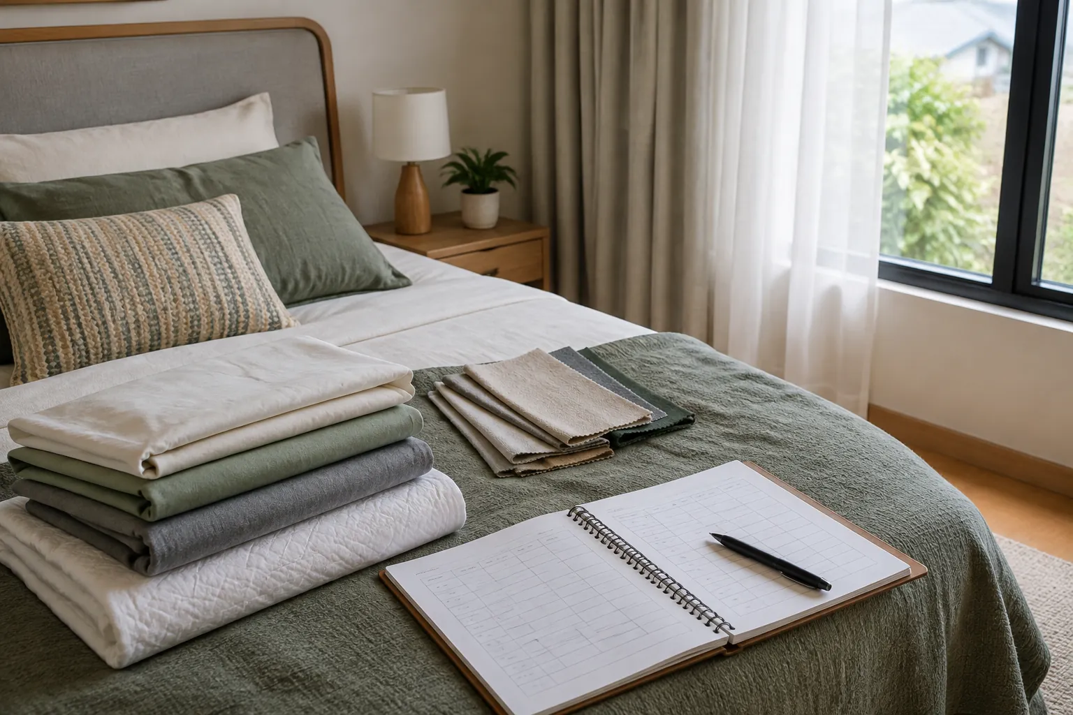 Contoh kain dan buku catatan di atas tempat tidur