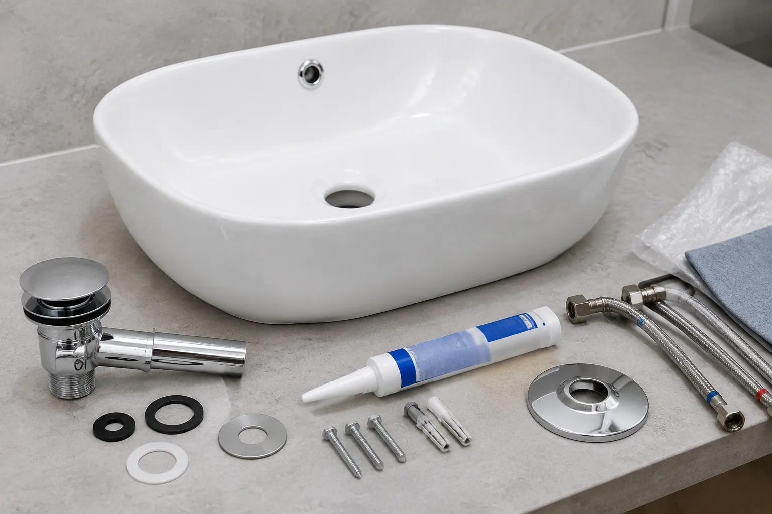 Wastafel putih dengan pipa, sealant, dan pengikat di dekatnya