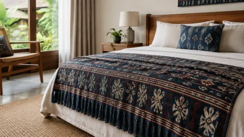 Kamar tidur dengan kain bermotif geometris gelap pada penutup ranjang